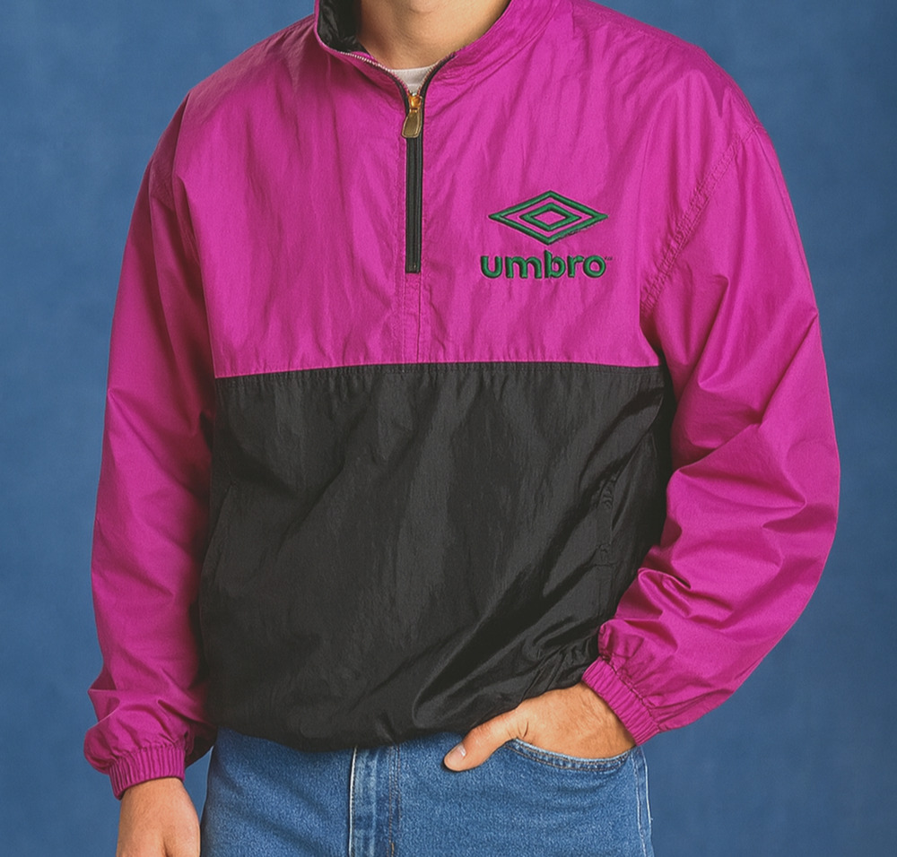 Vintage 90s Umbro Unisex Large Windbreaker Neon Pink Black Track Jacket Flawed